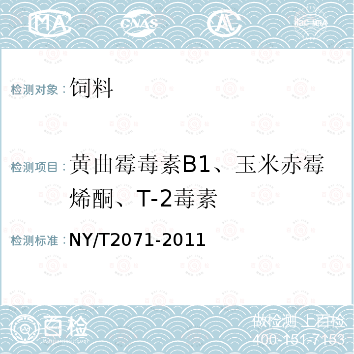 黄曲霉毒素B1、玉米赤霉烯酮、T-2毒素 NY/T 2071-2011 饲料中黄曲霉毒素、玉米赤霉烯酮和T-2毒素的测定 液相色谱-串联质谱法