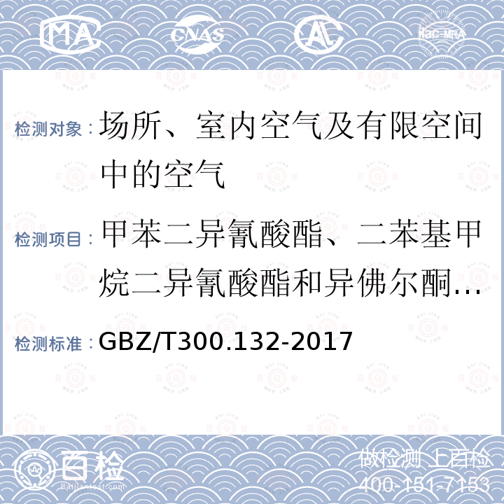 甲苯二异氰酸酯、二苯基甲烷二异氰酸酯和异佛尔酮二异氰酸酯 工作场所空气有毒物质测定 第132部分：甲苯二异氰酸酯、二苯基甲烷二异氰酸酯和异佛尔酮二异氰酸酯