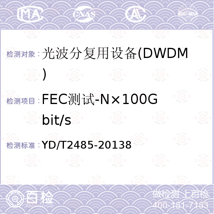 FEC测试-N×100Gbit/s YD/T 1991-2009 N×40Gbit/s 光波分复用(WDM)系统技术要求