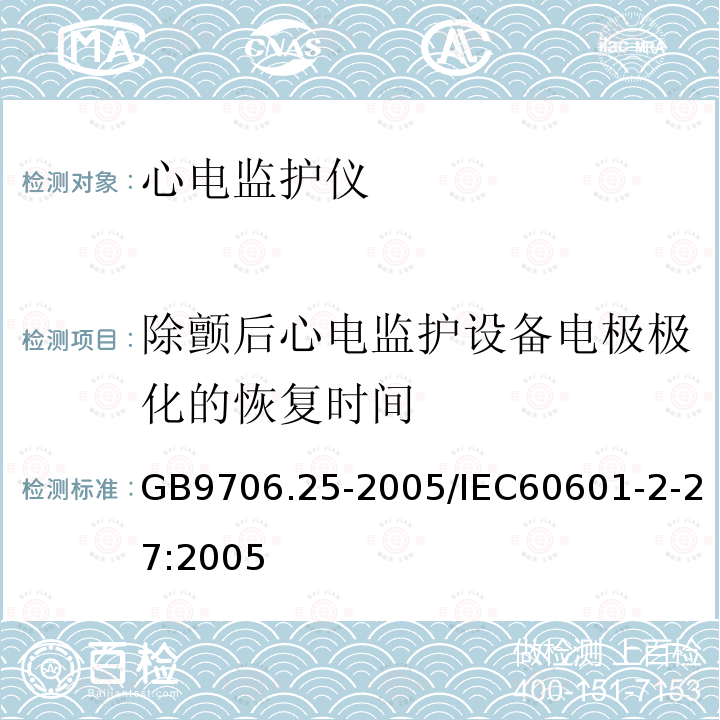 除颤后心电监护设备电极极化的恢复时间 医用电气设备第2-27部分:心电监护设备安全专用要求