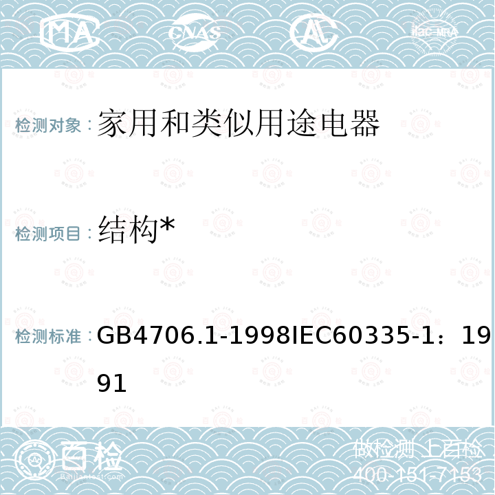 结构* 家用和类似用途电器的安全 第1部分：通用要求 
GB 4706.1-1998
IEC 60335-1：1991