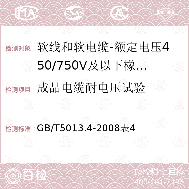 成品电缆耐电压试验 额定电压450/750V及以下橡皮绝缘电缆 第4部分：软线和软电缆