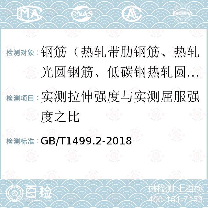 实测拉伸强度与实测屈服强度之比 钢筋混凝土用钢 第2部分：热轧带肋钢筋 第7.4条