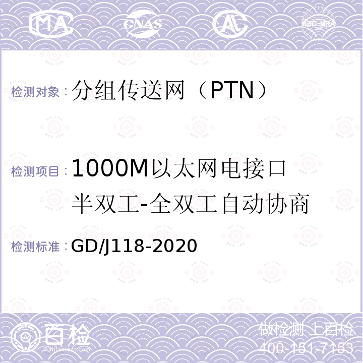1000M以太网电接口 半双工-全双工自动协商 GD/J118-2020 分组传送网（PTN）设备技术要求和测量方法