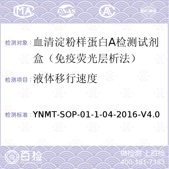液体移行速度 YNMT-SOP-01-1-04-2016-V4.0 血清淀粉样蛋白A检测试剂盒（免疫荧光层析法）检验标准操作规程