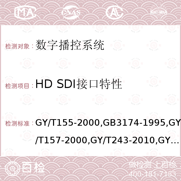 HD SDI接口特性 GY/T 155-2000 高清晰度电视节目制作及交换用视频参数值