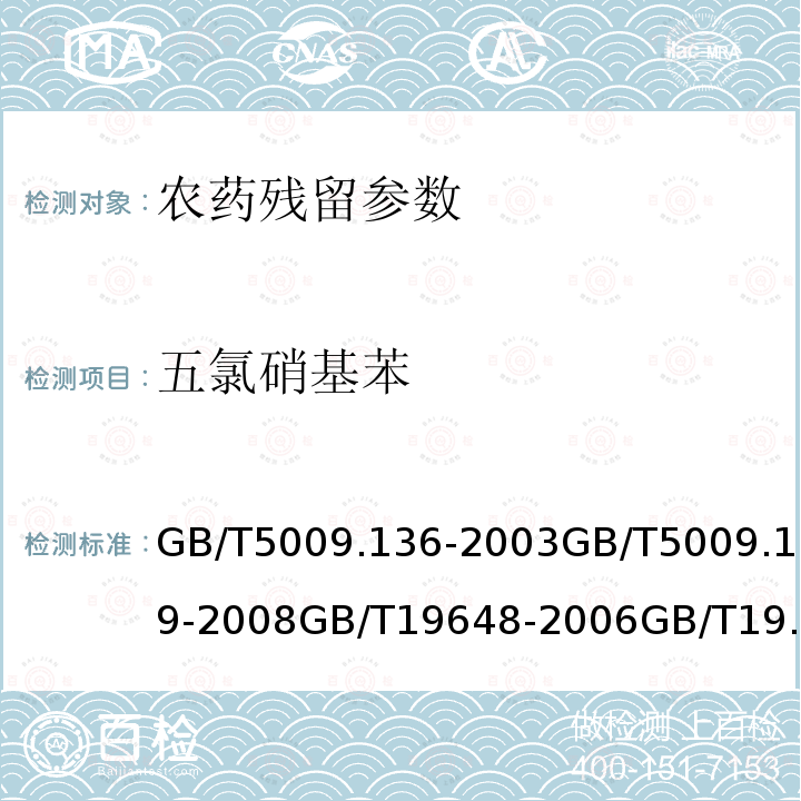 五氯硝基苯 植物性食品中五氯硝基苯殘留量的測定 食品中有機氯農藥多組分殘留量的測定 水果和蔬菜中500種農藥及相關化學品殘留的測定 氣相色譜-質譜法 糧谷中475種農藥及相關化學品殘留量的測定 氣相色譜-質譜法 蔬菜和水果中有機磷、有機氯、擬除蟲菊酯和氨基甲酸酯類農藥多殘留檢測方法