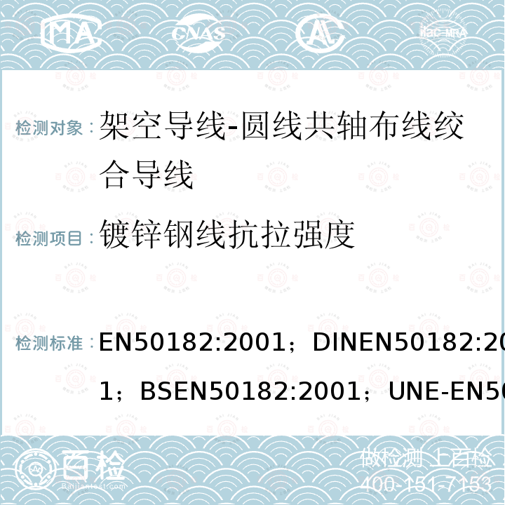 镀锌钢线抗拉强度 EN50182:2001；DINEN50182:2001；BSEN50182:2001；UNE-EN50182:2002；NFEN50182:2001；PN-EN50182:2002 架空导线-圆线共轴布线绞合导线