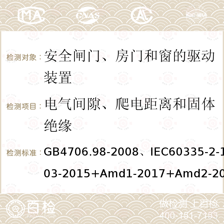 电气间隙、爬电距离和固体绝缘 家用和类似用途电器的安全闸门、房门和窗的驱动装置的特殊要求