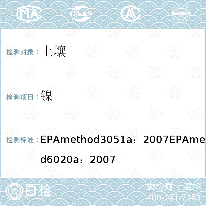 镍 微波辅助酸消解沉积物，淤泥，土壤和油 EPA method 3051a：2007 电感耦合等离子体质谱法 EPA method 6020a ：2007