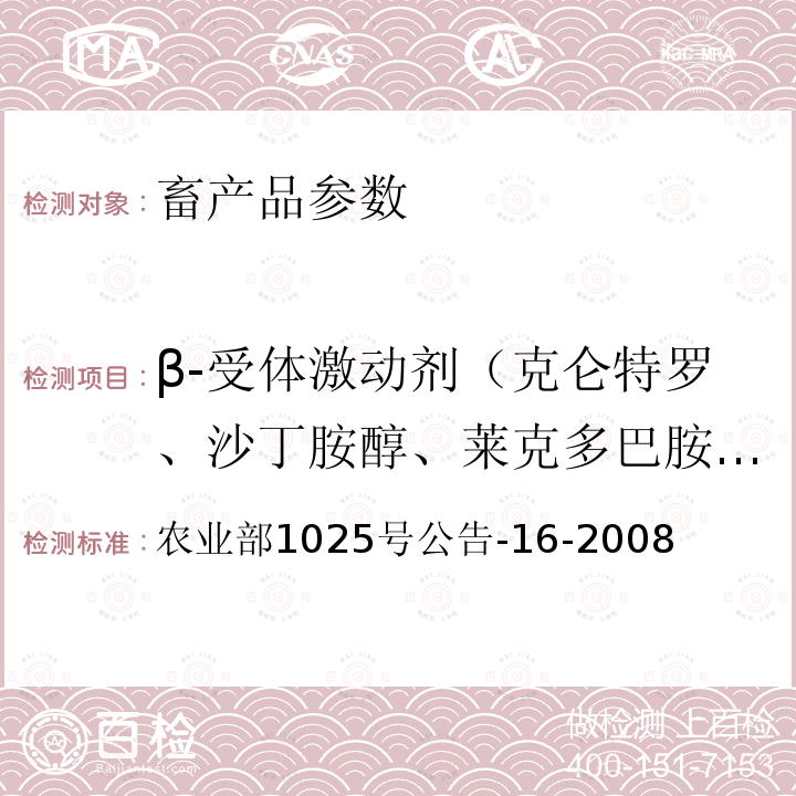 β-受体激动剂（克仑特罗、沙丁胺醇、莱克多巴胺、齐帕特罗、氯丙那林、特布他林、西马特罗、西布特罗、马布特罗、溴布特罗、克仑普罗、班布特罗、妥布特罗、非诺特罗和喷布特罗等） 农业部1025号公告-16-2008 动物尿液中盐酸克仑特罗残留检测气相色谱－质谱法