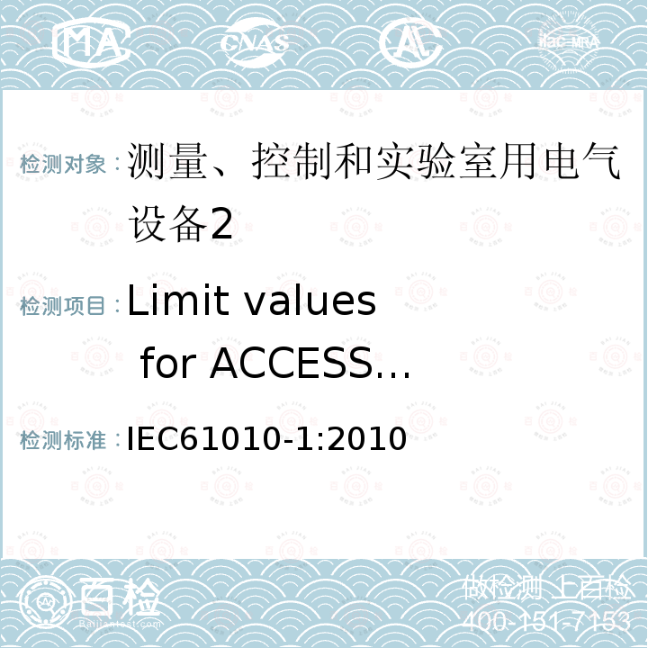 Limit values for ACCESSIBLE parts IEC 61010-1-2010 测量、控制和实验室用电气设备的安全要求 第1部分:通用要求(包含INT-1:表1解释)