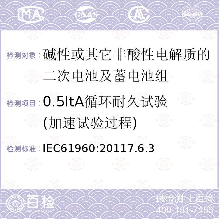 0.5ItA循环耐久试验(加速试验过程) IEC 61960-2011 含碱性或其它非酸性电解质的蓄电池和蓄电池组 便携式锂蓄电池和蓄电池组