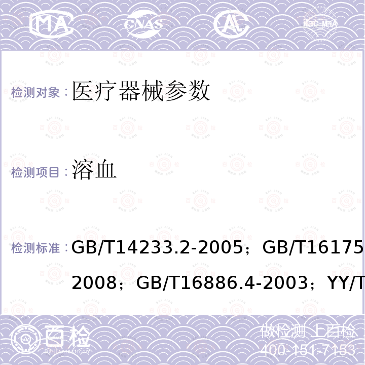 溶血 医用输液、输血、注射器具检验方法 第2部分：生物试验方法 ； 医用有机硅材料生物学评价试验方法 ； 医疗器械生物学评价 第4部分：与血液相互作用试验选择 ； 口腔材料生物试验方法 溶血试验