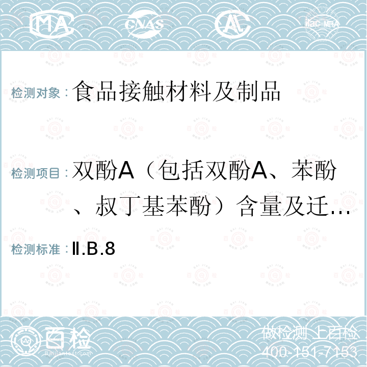 双酚A（包括双酚A、苯酚、叔丁基苯酚）含量及迁移量 日本 食品、包装、玩具和清洗剂的分类、标准和测试方法