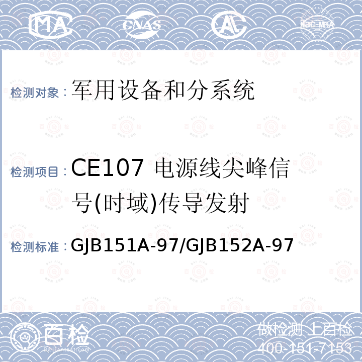 CE107 电源线尖峰信号(时域)传导发射 军用设备和分系统电磁发射和敏感度要求 / 军用设备和分系统电磁发射和敏感度测量