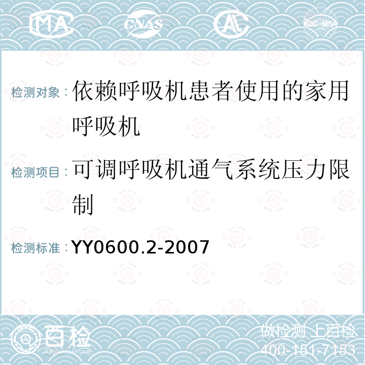 可调呼吸机通气系统压力限制 医用呼吸机　基本安全和主要性能专用要求　第2部分:依赖呼吸机患者使用的家用呼吸机