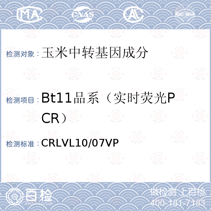 Bt11品系（实时荧光PCR） CRLVL10/07VP 转基因玉米Bt11 品系特异性定量检测 实时荧光PCR方法