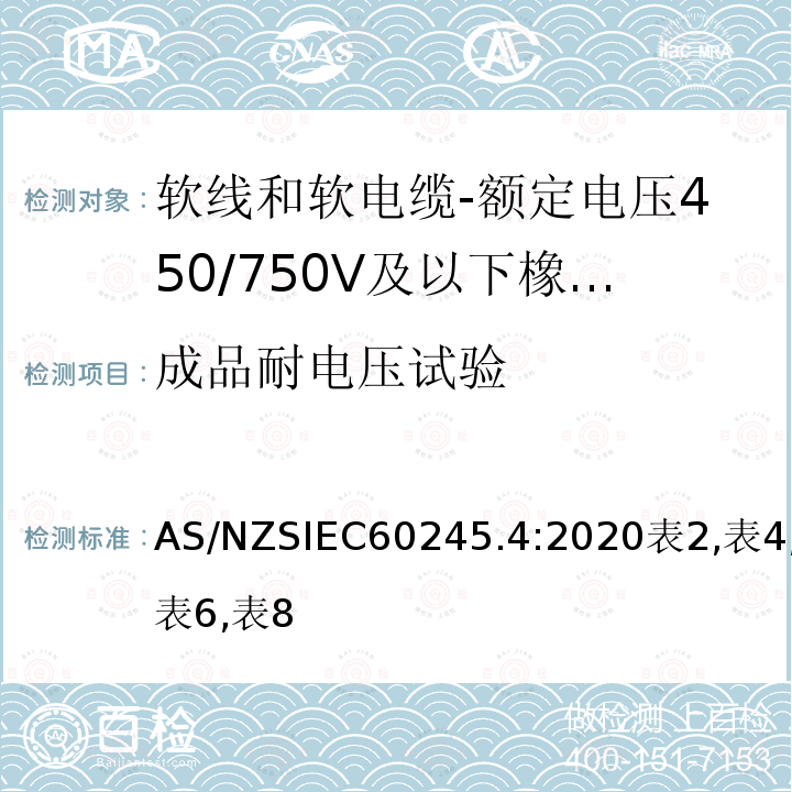 成品耐电压试验 额定电压450/750V及以下橡皮绝缘电缆 第4部分：软线和软电缆