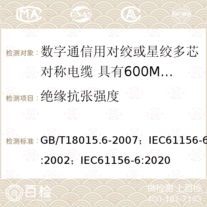 绝缘抗张强度 数字通信用对绞或星绞多芯对称电缆 第6部分:具有600MHz及以下传输特性的对绞或星绞对称电缆 工作区布线电缆 分规范