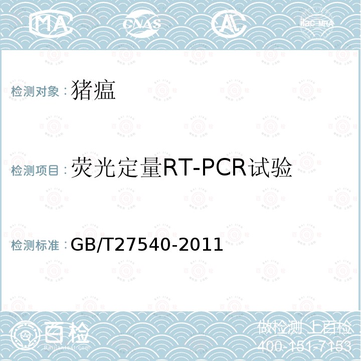 荧光定量RT-PCR试验 GB/T 27540-2011 猪瘟病毒实时荧光RT-PCR检测方法