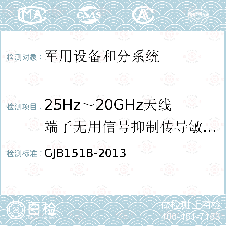 25Hz～20GHz天线端子无用信号抑制传导敏感度 CS04/CS104 军用设备和分系统电磁发射和敏感度要求与测量