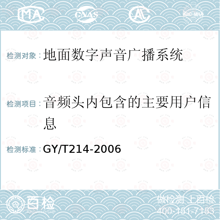 音频头内包含的主要用户信息 30MHz—3000MHz地面数字音频广播系统技术规范