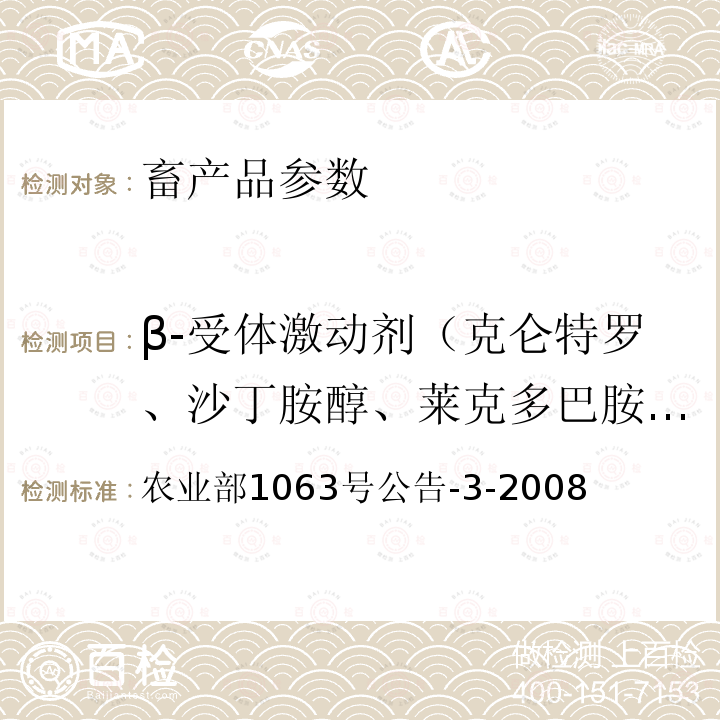 β-受体激动剂（克仑特罗、沙丁胺醇、莱克多巴胺、齐帕特罗、氯丙那林、特布他林、西马特罗、西布特罗、马布特罗、溴布特罗、克仑普罗、班布特罗、妥布特罗、非诺特罗和喷布特罗等） 农业部1063号公告-3-2008 动物尿液中11种β-受体激动剂的检测  液相色谱-串联质谱法