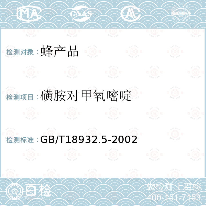 磺胺对甲氧嘧啶 GB/T 18932.5-2002 蜂蜜中磺胺醋酰、磺胺吡啶、磺胺甲基嘧啶、磺胺甲氧哒嗪、磺胺对甲氧嘧啶、磺胺氯哒嗪、磺胺甲基异恶唑、磺胺二甲氧嘧啶残留量的测定方法 液相色谱法