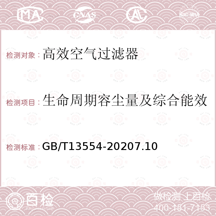 生命周期容尘量及综合能效 高效空气过滤器