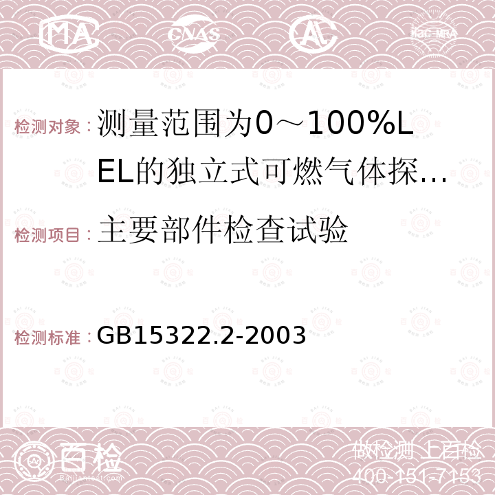 主要部件检查试验 可燃气体探测器 第2部分:测量范围为0～100%LEL的独立式可燃气体探测器