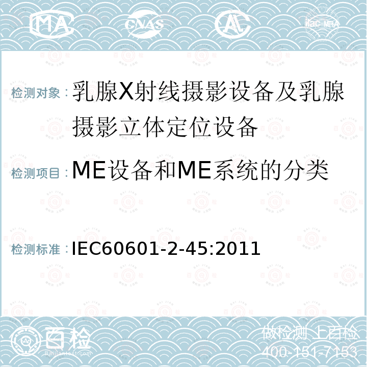 ME设备和ME系统的分类 IEC 60601-2-45-2011 医用电气设备 第2-45部分:乳腺X射线摄影设备及乳腺摄影立体定位装置安全专用要求