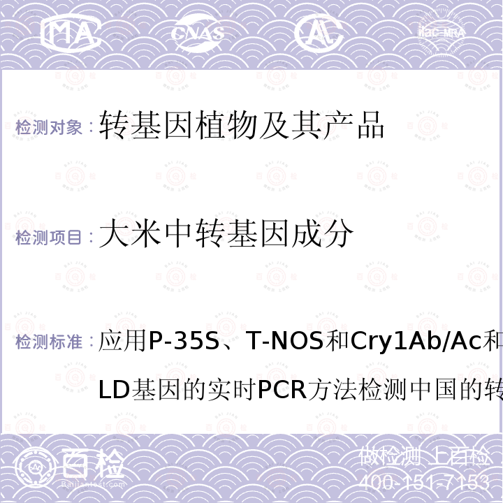 大米中转基因成分 应用P-35S、T-NOS和Cry1Ab/Ac和水稻PLD基因的实时PCR方法检测中国的转基因大米成分EURL-MV-01/11VRev1 应用P-35S、T-NOS和Cry1Ab/Ac和水稻PLD基因的实时PCR方法检测中国的转基因大米成分 EURL-MV-01/11 VRev 1