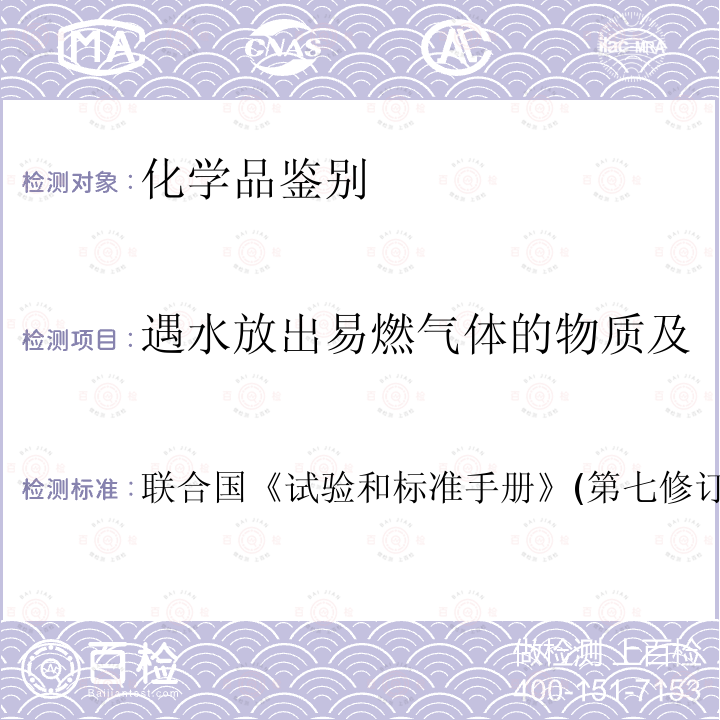 遇水放出易燃气体的物质及其混合物危险货物危险特性 联合国《试验和标准手册》(第七修订版) 联合国 试验和标准手册 (第七修订版) 第三部分 33.5.4，试验N.5 遇水放出易燃气体的物质的试验方法