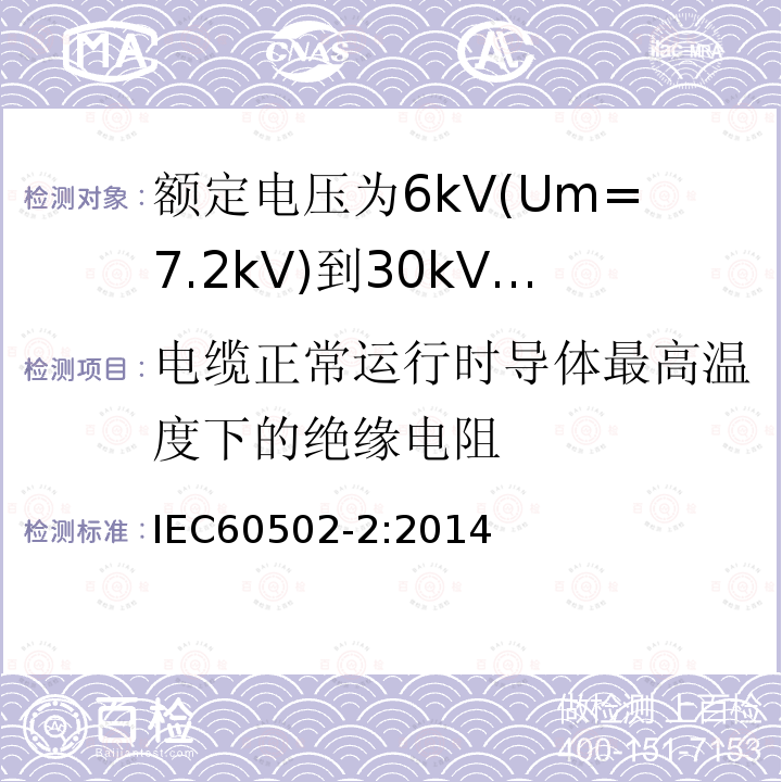 电缆正常运行时导体最高温度下的绝缘电阻 IEC 60502-2-2014 额定电压1kV(Um=1.2kV)到30kV(Um=36kV)挤包绝缘电力电缆及附件 第2部分:额定电压6kV(Um=7.2kV)到30kV(Um=36kV)电缆