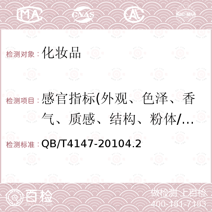 感官指标(外观、色泽、香气、质感、结构、粉体/块型、清晰度、澄清度) 驱蚊花露水