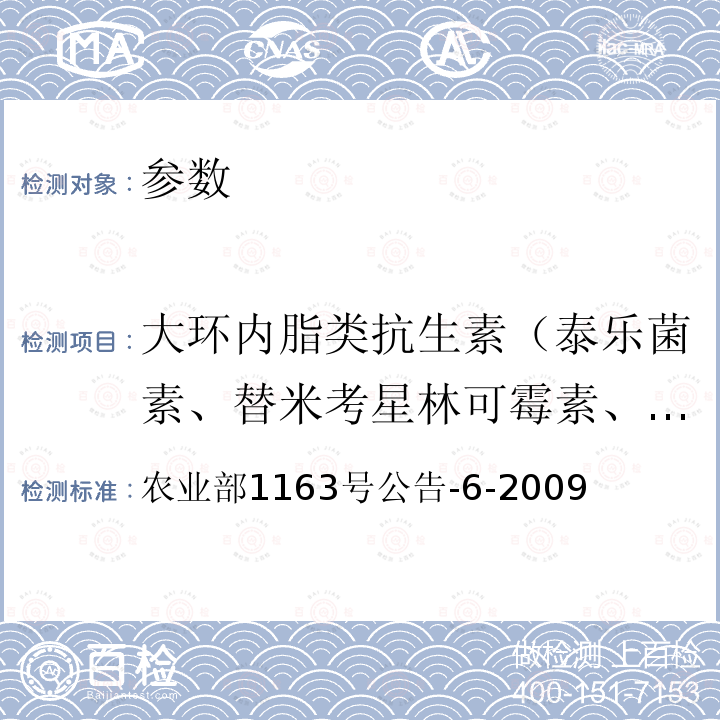 大环内脂类抗生素（泰乐菌素、替米考星林可霉素、竹桃霉素、红霉素、替米考星、泰乐菌素、克林霉素、螺旋霉素、吉它霉素、交沙霉素） 动物性食品中泰乐菌素残留检测 高效液相色谱法