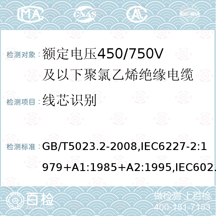 線芯識別 額定電壓450/750V及以下聚氯乙烯絕緣電纜第2部分：試驗方法