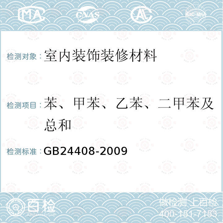 苯、甲苯、乙苯、二甲苯及总和 建筑用外墙涂料中有害物质限量 附录D