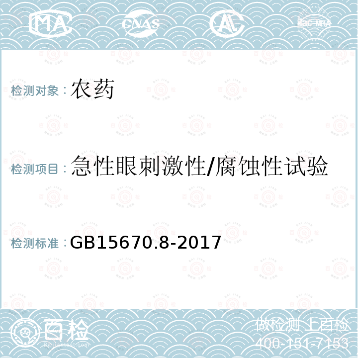 急性眼刺激性/腐蚀性试验 农药登记毒理学试验方法 第8部分：急性眼刺激性_腐蚀性试验