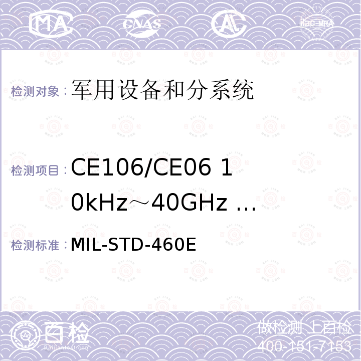 CE106/CE06 10kHz～40GHz 天线端子传导发射 MIL-STD-460E 分系统和设备电磁干扰特性控制要求