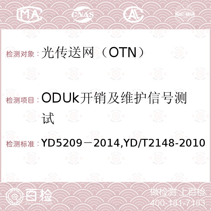 ODUk开销及维护信号测试 YD 5209-2014 光传送网(OTN)工程验收暂行规定(附条文说明)