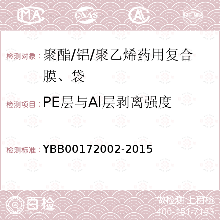 PE层与Al层剥离强度 YBB 00172002-2015 聚酯/铝/聚乙烯药用复合膜、袋