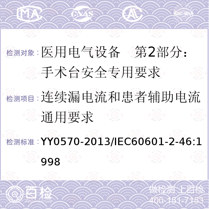 连续漏电流和患者辅助电流通用要求 医用电气设备　第2部分：手术台安全专用要求