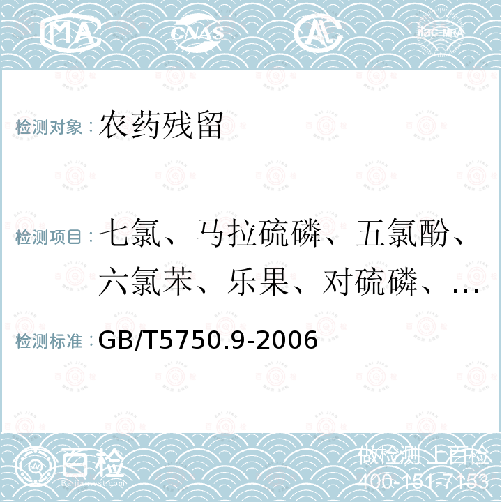 七氯、马拉硫磷、五氯酚、六氯苯、乐果、对硫磷、灭草松、甲基对硫磷、百菌清、呋喃丹、林丹、毒死蜱、草甘膦、敌敌畏、莠去津、溴氰菊酯、2,4-滴 GB/T 5750.9-2006 生活饮用水标准检验方法 农药指标