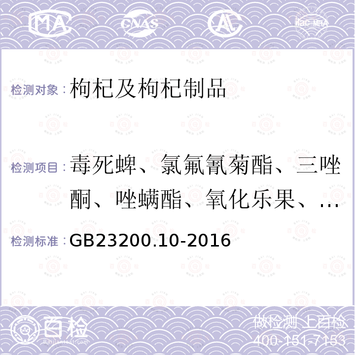 毒死蜱、氯氟氰菊酯、三唑酮、唑螨酯、氧化乐果、三唑磷、苯醚甲环唑 食品安全国家标准 桑枝、金银花、枸杞子和荷叶中488种农药及相关化学品残留量的测定气相色谱-质谱法