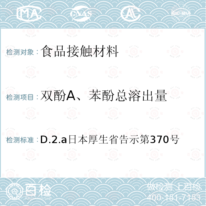 双酚A、苯酚总溶出量 食品、器具、容器和包装、玩具、清洁剂的标准和检测方法