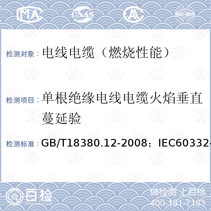 单根绝缘电线电缆火焰垂直蔓延验 电缆和光缆在火焰条件下的燃烧试验 第12部分:单根绝缘电线电缆火焰垂直蔓延试验 1kW预混合型火焰试验方法