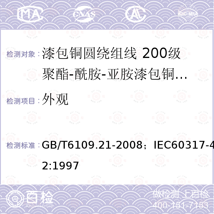 外观 漆包铜圆绕组线 第21部分:200级聚酯-酰胺-亚胺漆包铜圆线