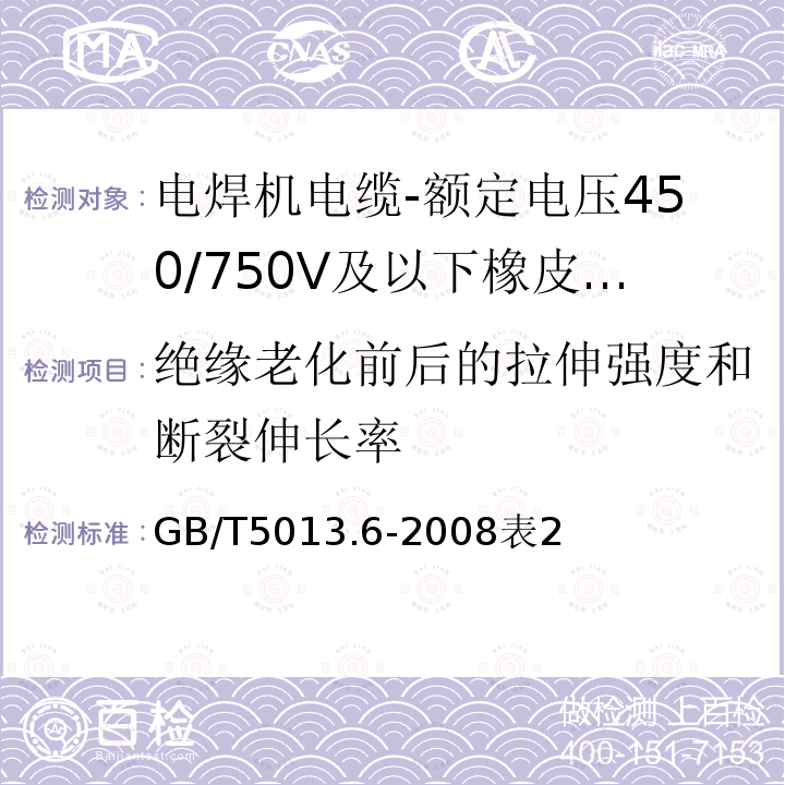 绝缘老化前后的拉伸强度和断裂伸长率 额定电压450/750V及以下橡皮绝缘电缆 第6部分：电焊机电缆